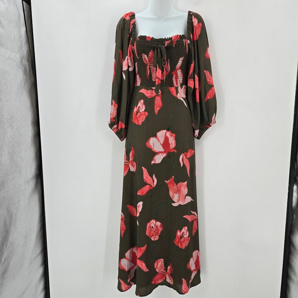 Anthropolgie Hutch Cottage Sweetheart Bow Smock Puff Sleeve Floral Midi Dress S